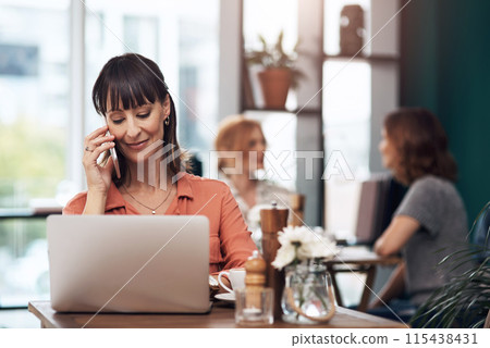 Phone call, laptop and woman in cafe, working and chat for project, copywriting and business or company. Coffee shop, employee and communication for person in B2B, writer and smile with happiness Phone call, laptop and woman in cafe, working and chat for project, copywriting and business or company. Coffee shop, employee and communication for person in B2B, writer and smile with happiness 115438431