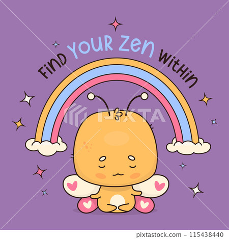 Cute calm cartoon butterfly meditating under rainbow. Funny kawaii character animal. Vector illustration. Cool card with insect yogi sitting in an asana. Cute calm cartoon butterfly meditating under rainbow. Funny kawaii character animal. Vector illustration. Cool card with insect yogi sitting in an asana. 115438440