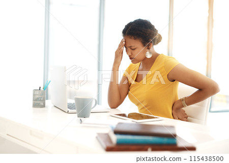 Stress headache, laptop and woman in office, deadline with 404 error, back pain or web problem. Frustrated, fatigue and tired girl with burnout, anxiety and exhausted for time management crisis 115438500