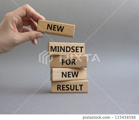 Mindset symbol. Wooden blocks with words New Mindset new Result. Businessman hand. Beautiful grey background. Business and New Mindset new Result concept. Copy space. 115438598
