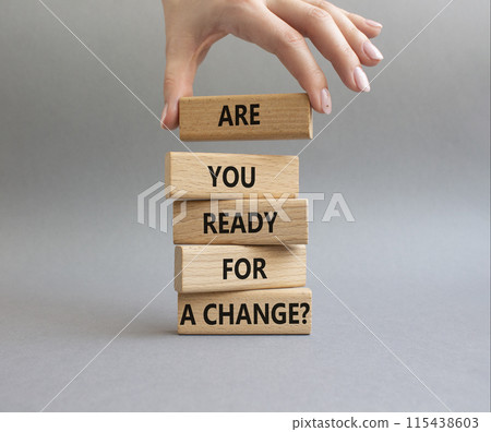 Change symbol. Wooden blocks with words Are you ready for a new change. Businessman hand. Beautiful grey background. Business and change concept. Copy space. 115438603