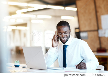 Happy, black man and writing with phone call for proposal, business discussion or finance at office. Young African, male person or accountant with smile on mobile smartphone in financial conversation Happy, black man and writing with phone call for proposal, business discussion or finance at office. Young African, male person or accountant with smile on mobile smartphone in financial conversation 115438622