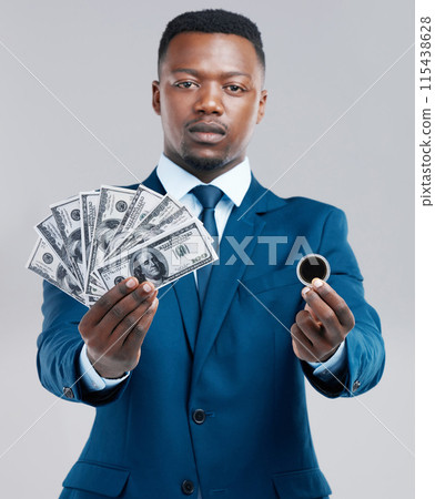 Businessman, cash and coin in portrait confident for crypto currency or financial security on studio white background. Budget, black person and money in suit for investment, payment or blockchain Businessman, cash and coin in portrait confident for crypto currency or financial security on studio white background. Budget, black person and money in suit for investment, payment or blockchain 115438628