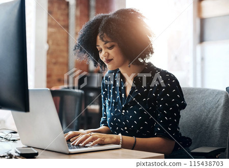 Business, woman and typing on laptop in office as creative director for research, planning and email for project management. Smile, female person and digital designer on website for editing proposal 115438703