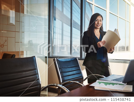 Paperwork, portrait and business woman in office with folder of financial budget report for planning. Smile, finance and Asian female investment banker with company stock market analysis documents. 115438741
