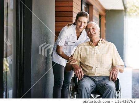 Senior, man and caregiver portrait in wheelchair, person with disability and wellness care or health service employee. Retirement, nursing home and support or professional nurse happy with patient 115438762
