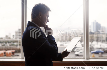 Thinking, tablet and business man with vision, problem solving and salesman planning to research in office. Digital technology, dream and corporate professional with idea and inspiration for project Thinking, tablet and business man with vision, problem solving and salesman planning to research in office. Digital technology, dream and corporate professional with idea and inspiration for project 115438786