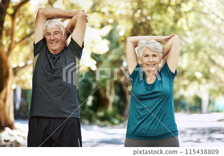 Park, stretching and senior couple with portrait, fitness and workout with sunshine, challenge and energy. Exercise, old man and mature woman with activity, wellness and cardio with health and nature 115438809