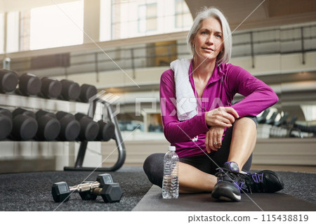 Fitness, floor and portrait of mature woman with smile, relax and happiness with water bottle at workout. Exercise, training and confident female athlete on break for gym, health and wellness in club Fitness, floor and portrait of mature woman with smile, relax and happiness with water bottle at workout. Exercise, training and confident female athlete on break for gym, health and wellness in club 115438819
