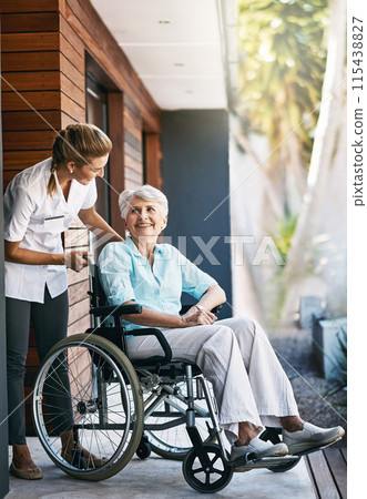 Caregiver, senior woman and help on wheelchair for support, rehabilitation and medical healthcare outdoor. Happy nurse, retirement and person with disability at home for recovery, wellness and care 115438827