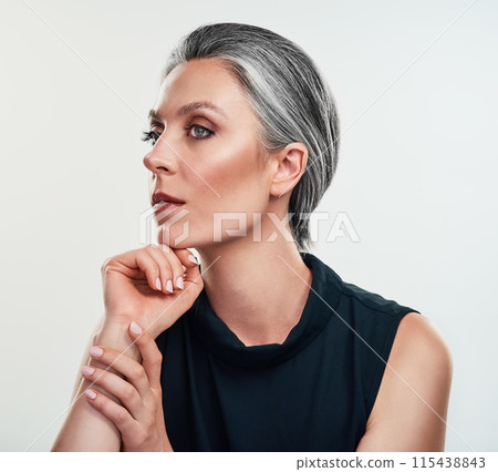 Thinking, mature and woman with make up by white background for cosmetics, wellness and luxury treatment. Beauty, collagen and dermatology in studio for glow, idea and skincare for female person Thinking, mature and woman with make up by white background for cosmetics, wellness and luxury treatment. Beauty, collagen and dermatology in studio for glow, idea and skincare for female person 115438843