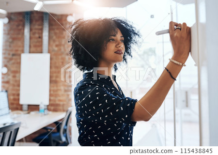 Woman, writing and brainstorming in workplace with whiteboard, target and goals with pen for professional strategy. Thinking, ideas and business vision with employee, working and problem solving Woman, writing and brainstorming in workplace with whiteboard, target and goals with pen for professional strategy. Thinking, ideas and business vision with employee, working and problem solving 115438845