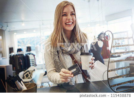 Customer, happy woman and payment with credit card, shopping checkout and contactless. Counter, clothing bag and purchase from boutique, smile for discount and buy designer brand at retail store Customer, happy woman and payment with credit card, shopping checkout and contactless. Counter, clothing bag and purchase from boutique, smile for discount and buy designer brand at retail store 115438878