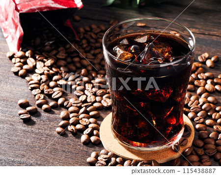 Iced coffee and coffee beans Iced coffee and coffee beans 115438887