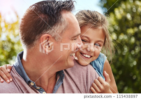Man, happy and child hug outdoor with bonding, care or support for security trust at family home backyard. Smile, father and girl for embrace moment, love and sunshine vacation of childhood memory 115438897