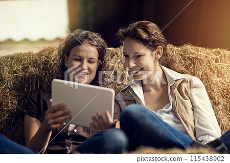 Women, tablet or relax together in barn with smile, online movies on streaming platform with break. Female people, internet or digital ebook in stable for social media in nature, happy for news story Women, tablet or relax together in barn with smile, online movies on streaming platform with break. Female people, internet or digital ebook in stable for social media in nature, happy for news story 115438902