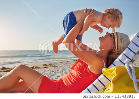 Woman, lifting and child by beach with love on holiday, vacation in Istanbul for happiness or memory. Excited, mom and kid for relax, together and bonding in play for growth, development or playing 115438933