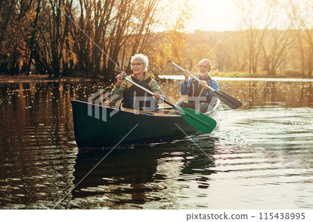 Lake, rowing and kayak with old couple, sunshine and retirement with happiness, river and vacation. Outdoor, nature and mature man with senior woman, support and love with holiday and getaway trip 115438995