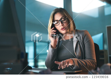 Night, businesswoman and phone call in office with tablet, case information and talking with contact. Professional, female attorney and tech for corporate firm, legal service and labor law employee 115439016
