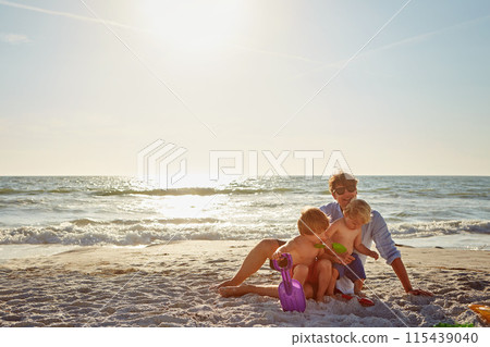 Playing, relax or children with dad at beach on holiday vacation or happy family weekend together. Single parent, fun father or kids siblings at sea for bonding, love or wellness on sky mockup space Playing, relax or children with dad at beach on holiday vacation or happy family weekend together. Single parent, fun father or kids siblings at sea for bonding, love or wellness on sky mockup space 115439040