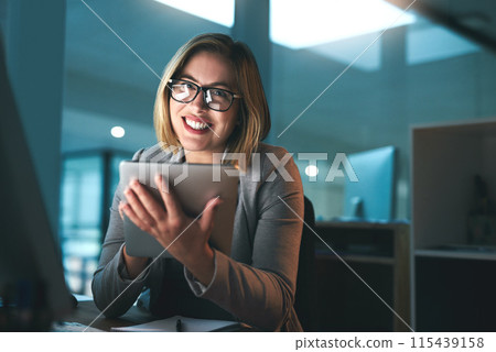 Tablet, portrait and businesswoman at night for reading email, planning and working in office. Professional, scroll and secretary for administration, research deadline and digital information Tablet, portrait and businesswoman at night for reading email, planning and working in office. Professional, scroll and secretary for administration, research deadline and digital information 115439158