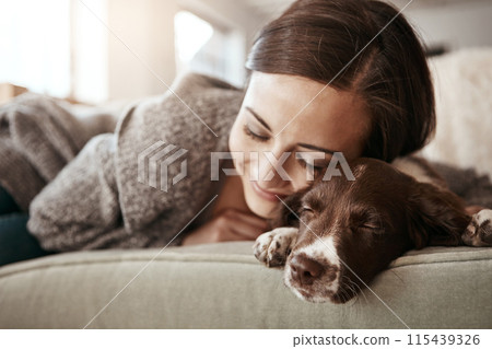 Love, couch and woman with dog, relax and comfortable in lounge, sleeping and break in weekend and house. Home, girl and animal on sofa, rest and hug for bonding, pet and person in living room 115439326