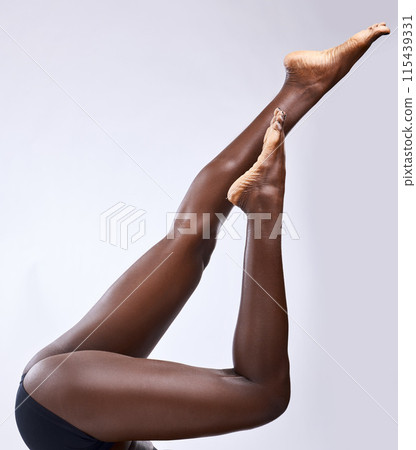 Skincare, mockup and legs of woman in underwear in studio for wellness, cosmetics and glowing skin treatment on grey background. Beauty, feet and girl model with chemical peel, foot or detox results 115439331