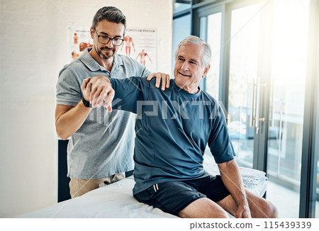 Physiotherapy, chiropractor and senior man with shoulder pain for rehabilitation, consulting and stretch. Healthcare, physical therapy and person with patient for medical service, wellness or support 115439339