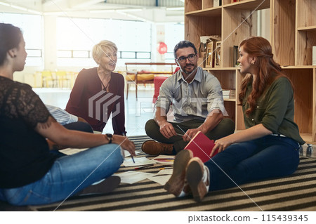 Group, circle or business people sitting on floor for collaboration, documents and notes for ideas. Teamwork, huddle or meeting with manager for company plan, discussion for strategy in office Group, circle or business people sitting on floor for collaboration, documents and notes for ideas. Teamwork, huddle or meeting with manager for company plan, discussion for strategy in office 115439345