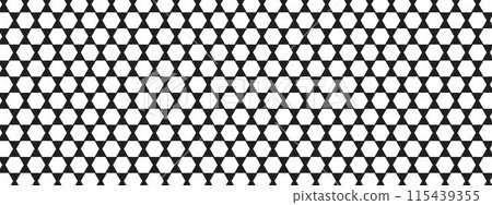 Perforated surface with honeycomb holes. Repeated white hexagone shapes on black background. Bee hive texture. Pegboard, radiator or speaker grid. Mosaic wall pattern. Vector graphic illustration 115439355
