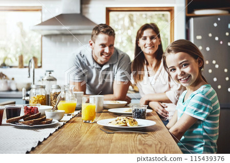 Morning, breakfast and portrait of family in kitchen for nutrition, growth and child development. Happy, father and mother with little girl by home table for healthy diet, food and care on weekend Morning, breakfast and portrait of family in kitchen for nutrition, growth and child development. Happy, father and mother with little girl by home table for healthy diet, food and care on weekend 115439376