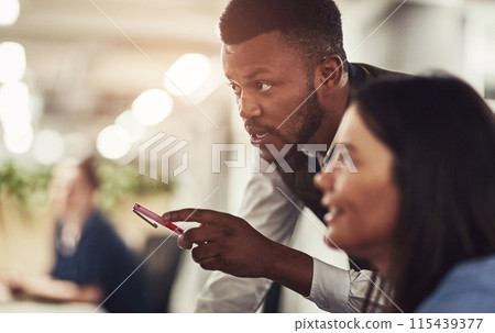 Black man, employee and help on computer in office with teaching, learning and skill development. People, teamwork and collaboration with explaining with online or internet research for project 115439377