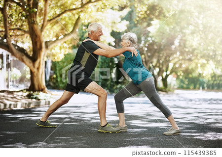 Outdoor, stretching and senior couple with balance, fitness and workout with sunshine, challenge and wellness. People in park, old man and mature woman with training, summer and cardio with health 115439385