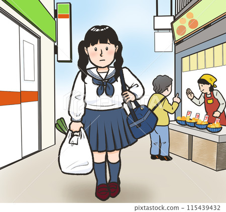 A female junior high school student stops by a supermarket on her way home from school 115439432