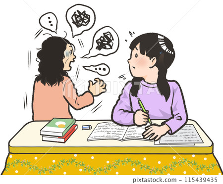 一名女國中生在學習期間擔心生病的父母。 一名女國中生在學習期間擔心生病的父母。 115439435