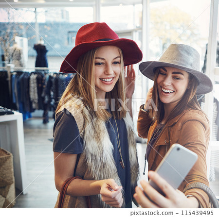 Friends, selfie and social media with women, shopping date and happiness together with retail, sale and discount at mall. Happy, photograph and memory for smile, customer and urban boutique shop Friends, selfie and social media with women, shopping date and happiness together with retail, sale and discount at mall. Happy, photograph and memory for smile, customer and urban boutique shop 115439495