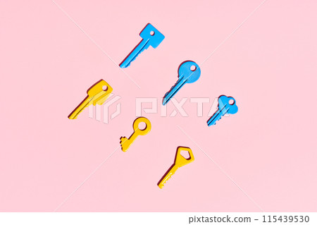 Various colorful keys on pink background. 115439530