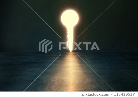 Glowing lights key shaped hole in dark empty room 115439537