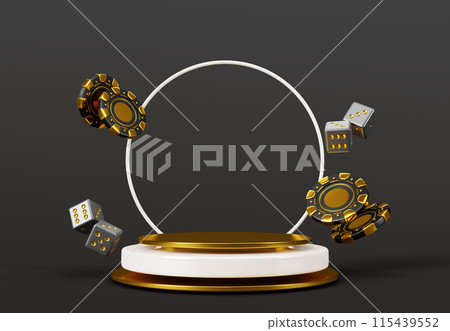 3d casino winner display podium with golden poker vip chips and dice render banner. Luxury circle game platform with falling gold and black gambling tokens, cubes on dark background. 3D illustration 3d casino winner display podium with golden poker vip chips and dice render banner. Luxury circle game platform with falling gold and black gambling tokens, cubes on dark background. 3D illustration 115439552