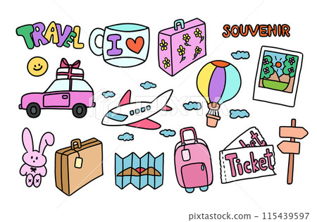 Hand drawn travel illustrations such as luggage, bag, souvenir, car, polaroid, balloon, map, plane, mug, bunny doll for trip, vacation, journey, holidays, stickers, logo, icon, post card, cute patches 115439597