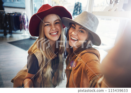 Girlfriends, selfie and shopping date with women, smile and happiness together with retail, sale and discount at mall. Portrait, lesbians and memory for social media, customer and urban boutique shop 115439633
