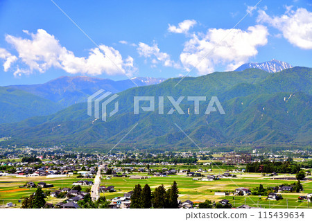 View of the Azumi-Oiwake Station area from Ikeda Town, towards Chogatake and Jonendake (Ikeda Town, Nagano Prefecture) [June 2024] 115439634