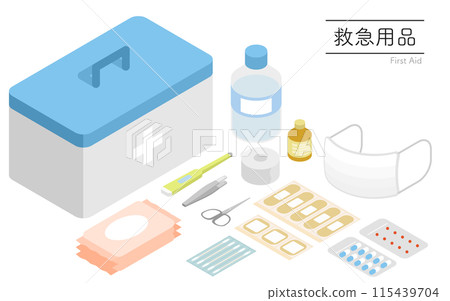 Isometric illustration of first aid supplies Isometric illustration of first aid supplies 115439704