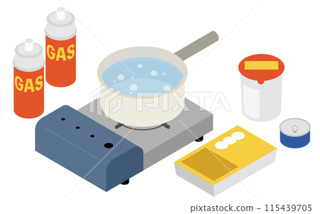 Illustration of boiling water on a portable stove Illustration of boiling water on a portable stove 115439705