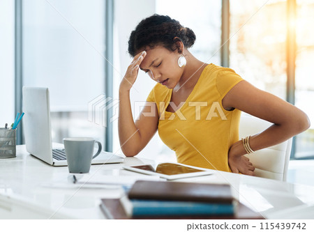 Headache, laptop and woman in office, exhausted with 404 error, back pain or web problem stress. Frustrated, fatigue and tired girl with burnout, anxiety or deadline for time management crisis Headache, laptop and woman in office, exhausted with 404 error, back pain or web problem stress. Frustrated, fatigue and tired girl with burnout, anxiety or deadline for time management crisis 115439742