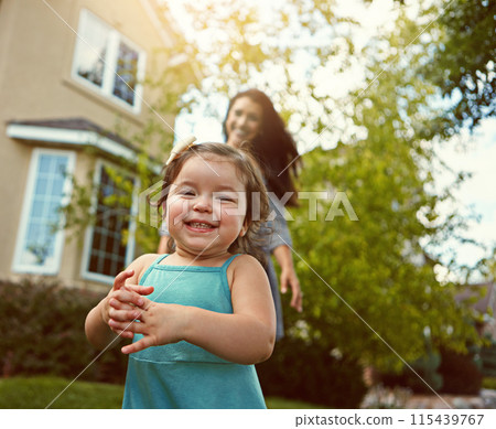 Portrait, toddler and mother outdoor in backyard for play, fun and adventure on summer weekend. Young kid, happy and woman chasing in garden for explore environment, growth and development at home 115439767