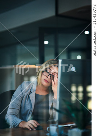 Frustrated woman, headache and night with computer in stress, fatigue or burnout at office. Tired female person or business employee working late with migraine, strain or depression at workplace 115439778