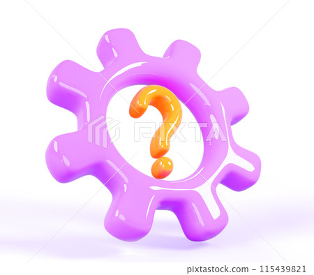 3d purple engine gear with yellow question mark on white background. Isolated render icon of cogwheel mechanism with ask or doubt sign. Efficient solution business problem, technology. 3D illustration 115439821