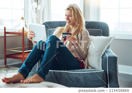 Woman, banking card and tablet or relaxing on sofa, fintech and online transaction for shopping in house. Customer, internet payment and sale or credit app, ecommerce and happy for apartment purchase Woman, banking card and tablet or relaxing on sofa, fintech and online transaction for shopping in house. Customer, internet payment and sale or credit app, ecommerce and happy for apartment purchase 115439869