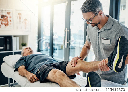 Physiotherapist, senior man and stretching leg for knee pain, medical and consultant with injury support. Consultation, chiropractor and physical therapy with rehabilitation and care in doctor office Physiotherapist, senior man and stretching leg for knee pain, medical and consultant with injury support. Consultation, chiropractor and physical therapy with rehabilitation and care in doctor office 115439870